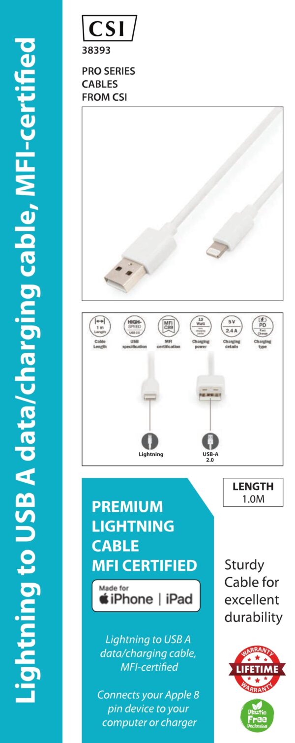 DIGITUS MFI 1m Lightning to USB A data/charging cable, retail boxed