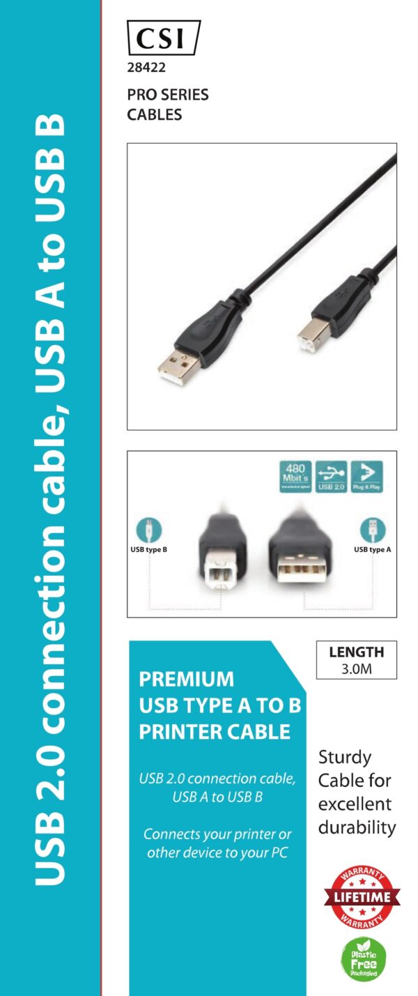 3.0m USB 2.0 connection cable, type A - B M/M,