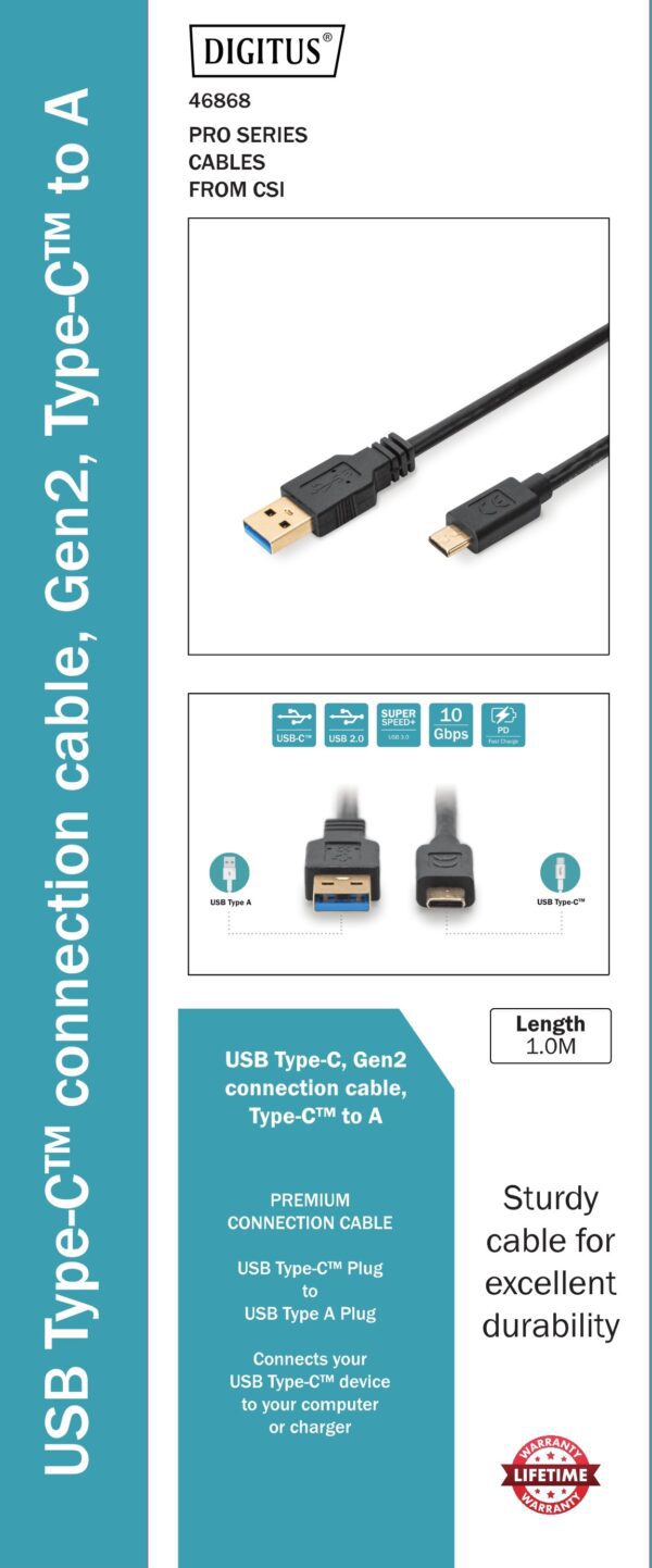 USB Type-C to A connection cable, type C to A M/M, 1.0m, Gen2, 3A, 10GB, 3.1 Version, CE