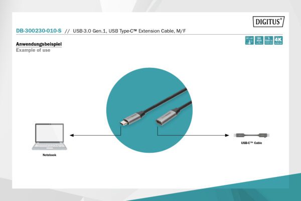 DIGITUS USB-3.0 Gen.1, USB Type-C extension cable; M/F - Image 3