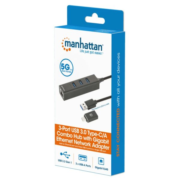 3-Port USB 3.0 Type-C/A Combo Hub with Gigabit Ethernet Network Adapter