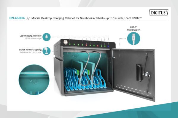 DIGITUS 10 Port USB-C Mobile Desktop Charging Cabinet for Notebooks/Tablets up to 14 inch, UV-C - Image 2