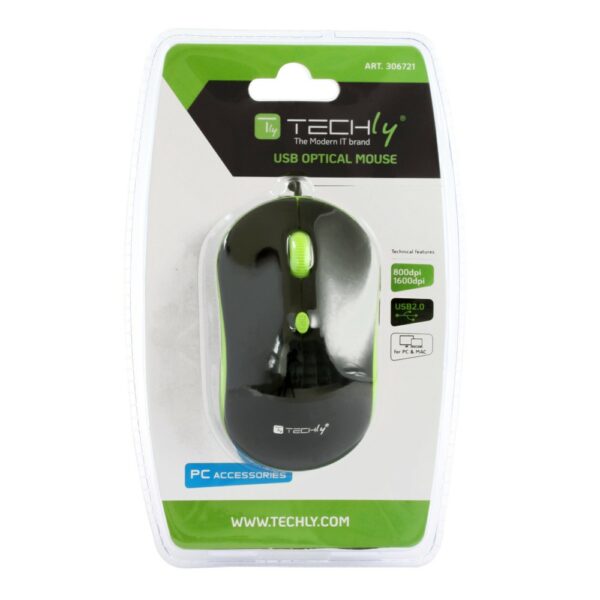 TECHLY USB WIRED OPTICAL MOUSE 800/1600 DPI BLACK/GREEN - Image 4