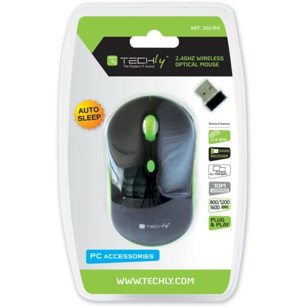 TECHLY WIRELESS MOUSE BLACK/GREEN 3 BUTTON - Image 5