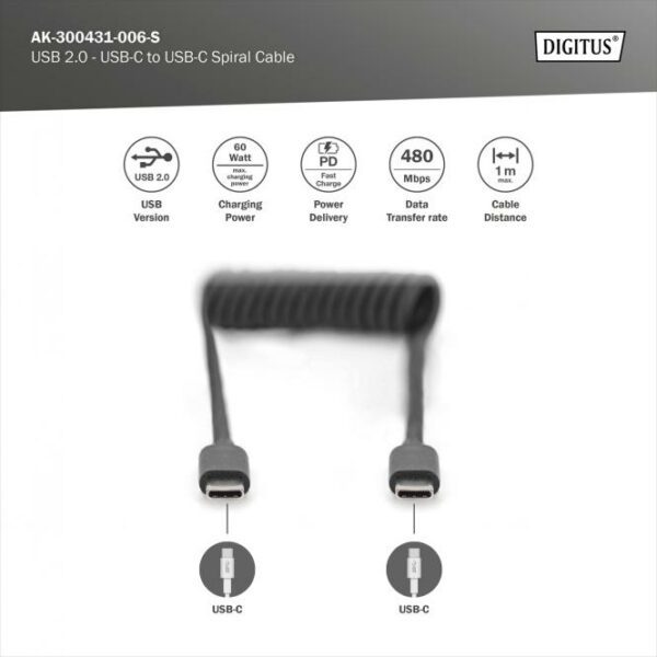 USB 1m - Type C to C Fast Charge Spring Cable, TPU USB 2.0, PD60W Max; 1m - Image 5