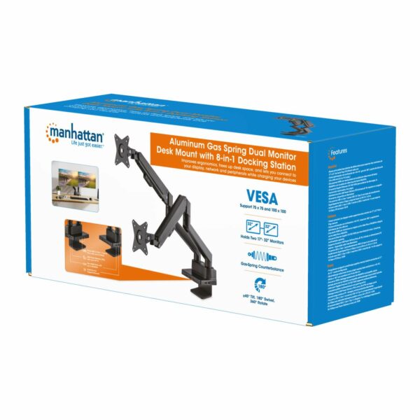 Aluminum Gas Spring Dual Monitor Desk Mount with 8-in-1 Docking Station - Image 13