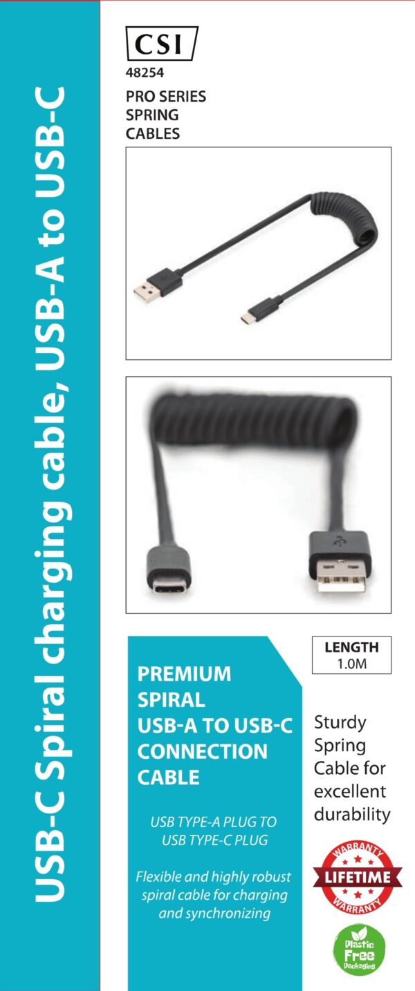 CSI PREMIUM A to C USB 2.0 - USB A TO USB C SPIRAL CABLE 1M PD 60W