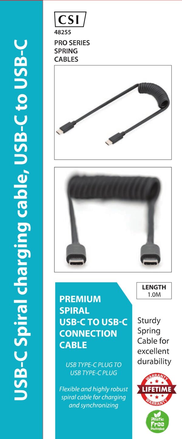 CSI PREMIUM C to C USB 2.0 - USB C TO USB C SPIRAL CABLE 1M PD 60W
