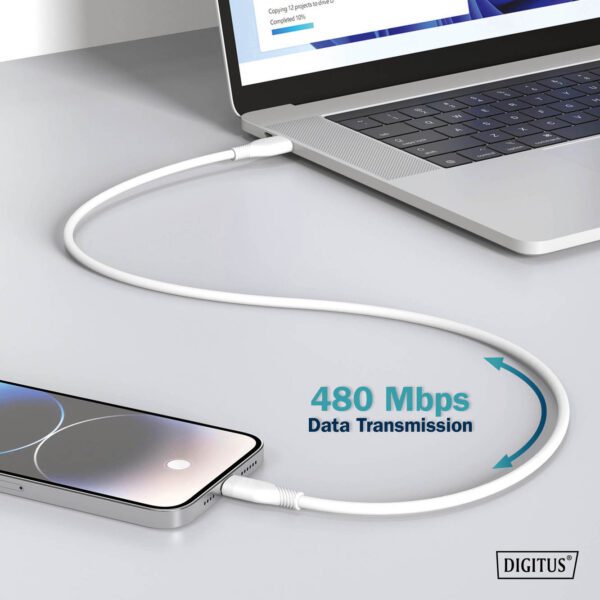 USB-C Silicone charging cable, USB-C - USB-C 1m, USB 2.0, 60W, white - Image 6