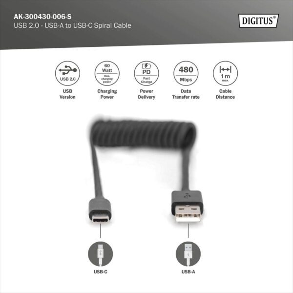 CSI PREMIUM A to C USB 2.0 - USB A TO USB C SPIRAL CABLE 1M PD 60W - Image 4
