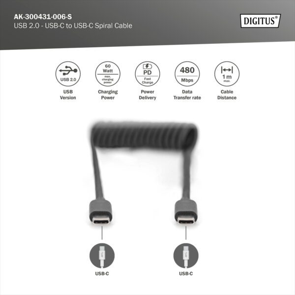 CSI PREMIUM C to C USB 2.0 - USB C TO USB C SPIRAL CABLE 1M PD 60W - Image 7